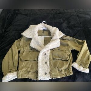 Miou Muse Olive Green Sherpa-Trim Jean Jacket